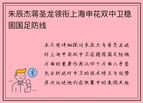 朱辰杰蒋圣龙领衔上海申花双中卫稳固国足防线